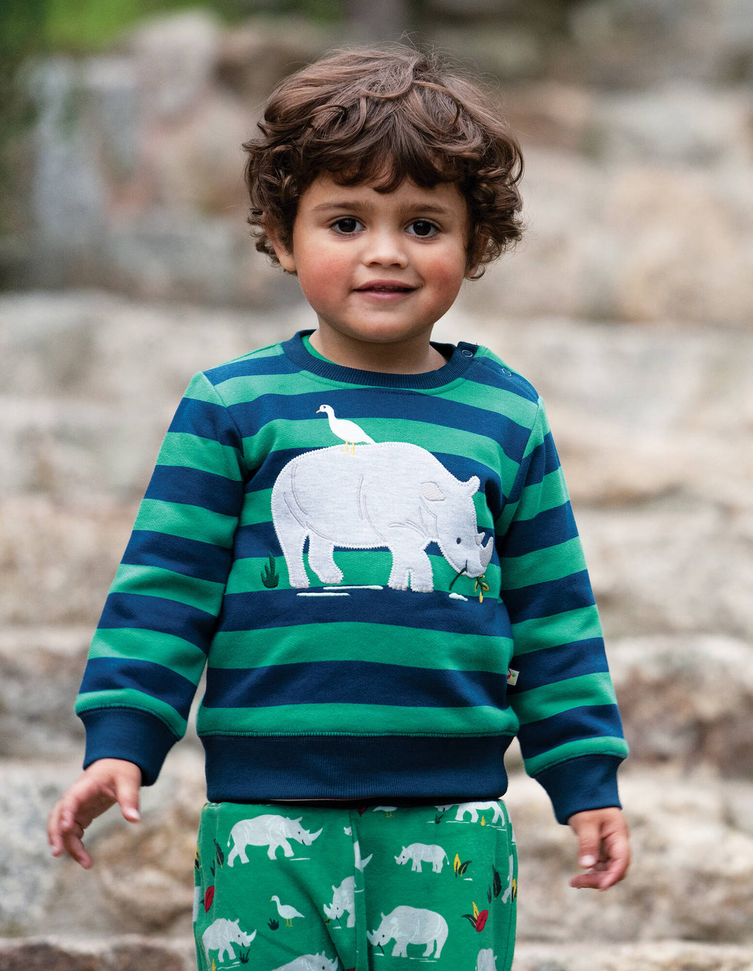 Frugi Sweatshirt Jump About Jumper Jade Stripe Rhino