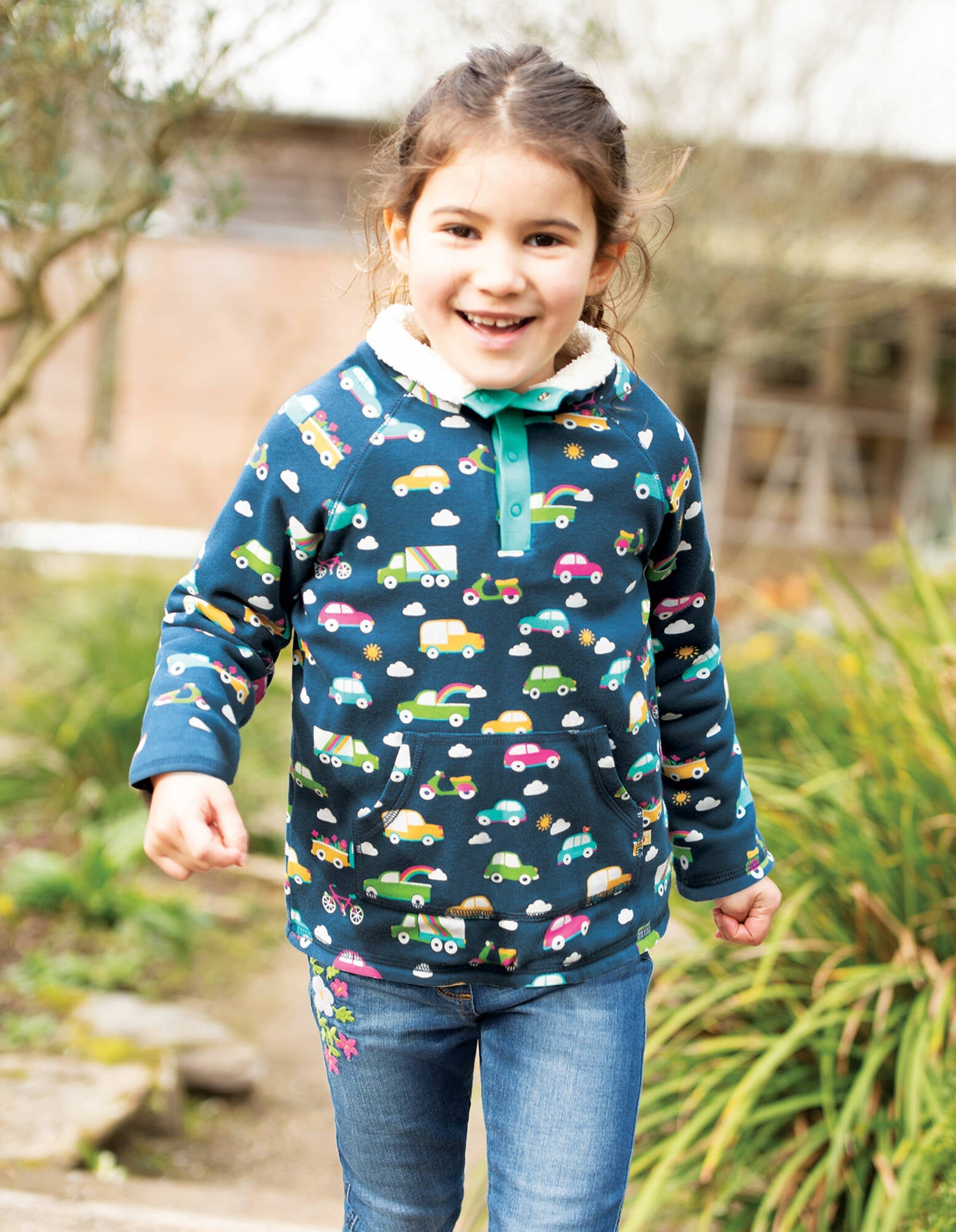 Frugi Pulli Snuggle Fleece Space Blue Rainbow Roads