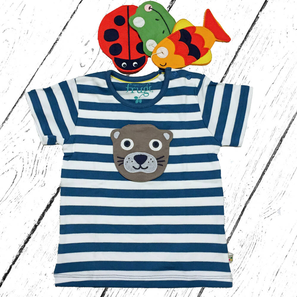 Frugi T-Shirt Button Off Applique Top Steely Blue Stripe Creature