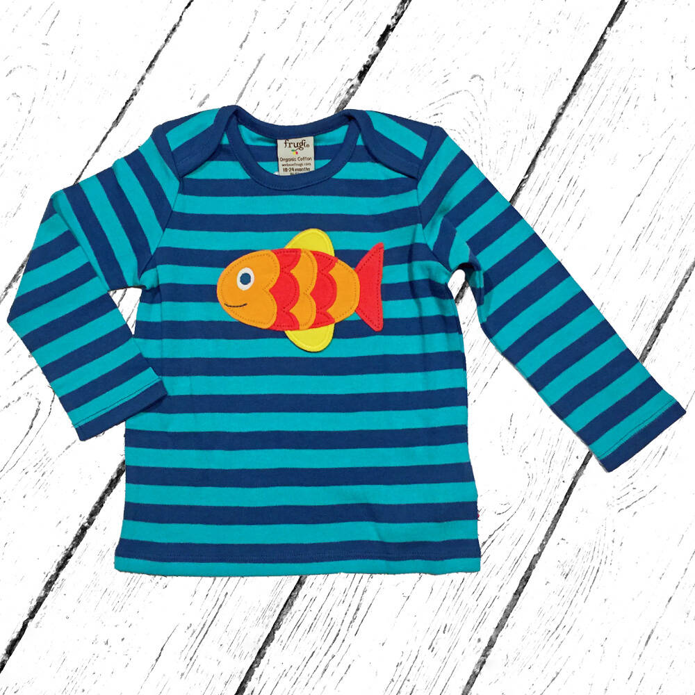 Frugi Shirt Bobby Applique Top Pacific Aqua Stripe Fish
