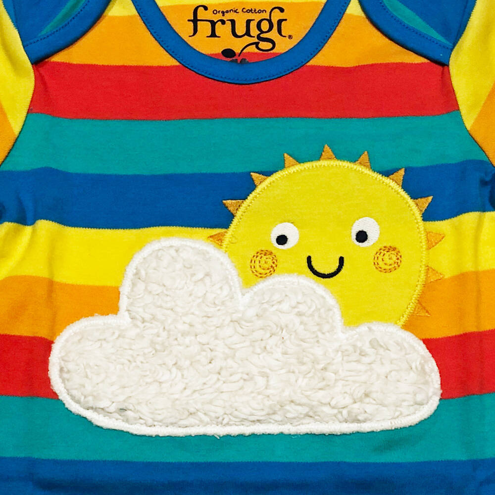 Frugi T-Shirt Bobster Applique Top Rainbow Multi Stripe Sun