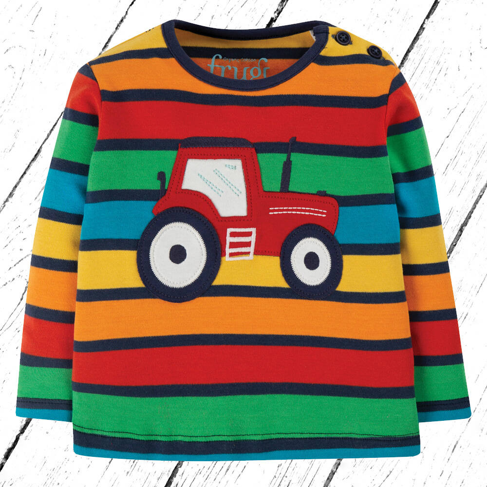 Frugi Shirt Button Applique Top Bumble Rainbow Stripe Tractor