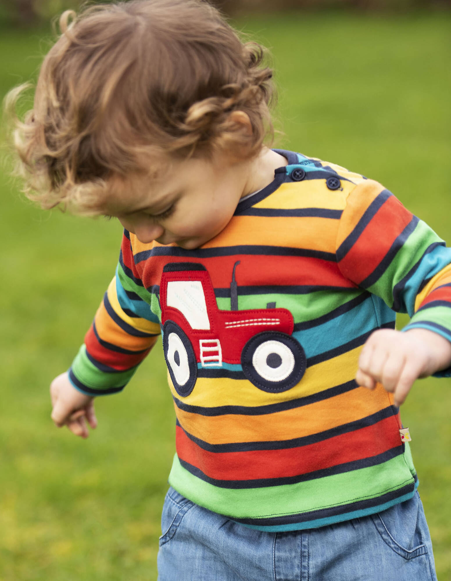 Frugi Shirt Button Applique Top Bumble Rainbow Stripe Tractor