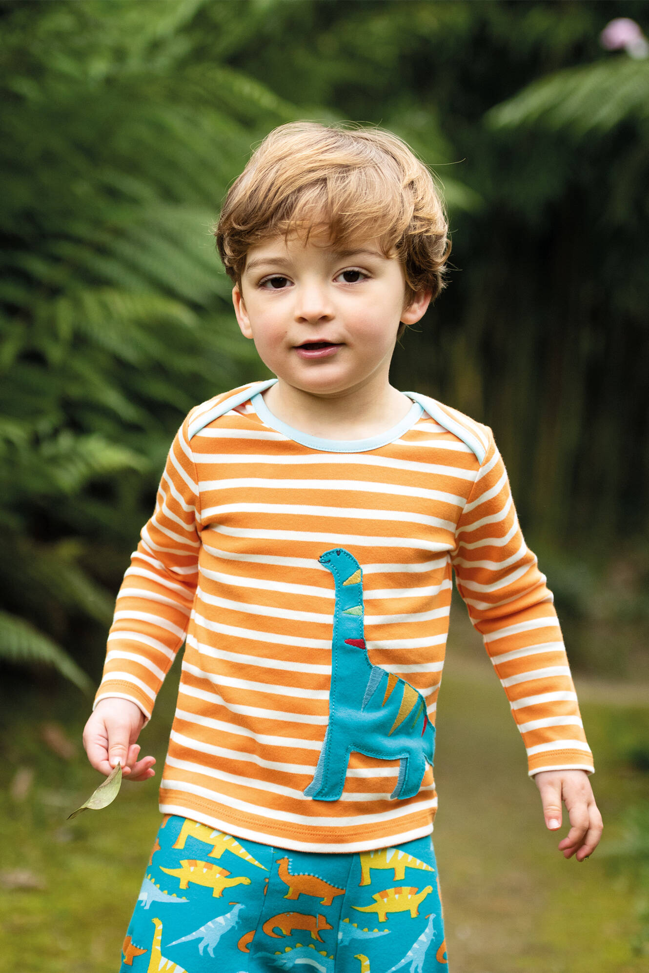 Frugi Shirt Bobby Applique Top Marigold Stripe Dino