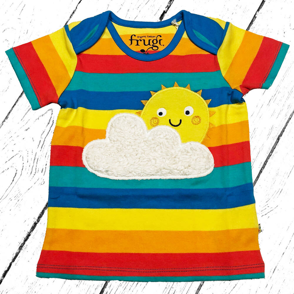 Frugi T-Shirt Bobster Applique Top Rainbow Multi Stripe Sun