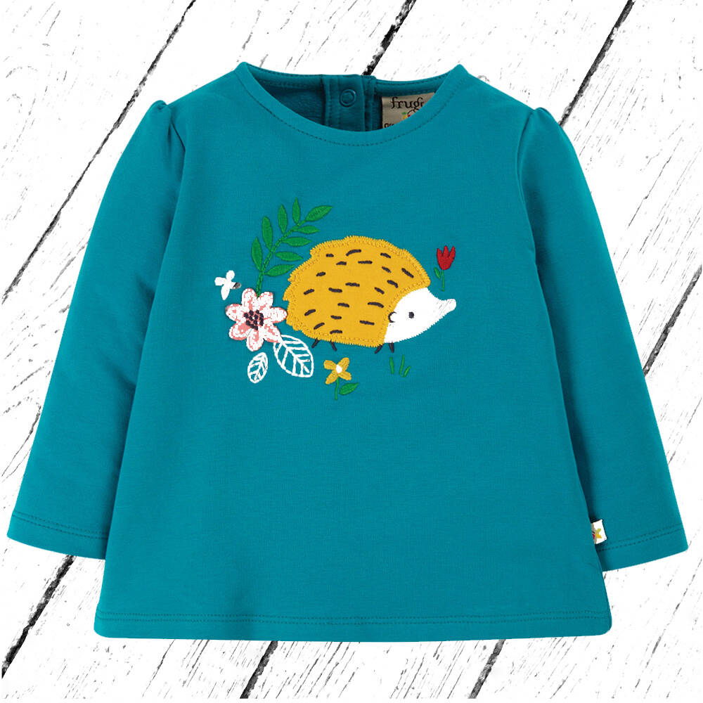Frugi Shirt Little Alana Applique Top Tobermory Teal Hedgehog