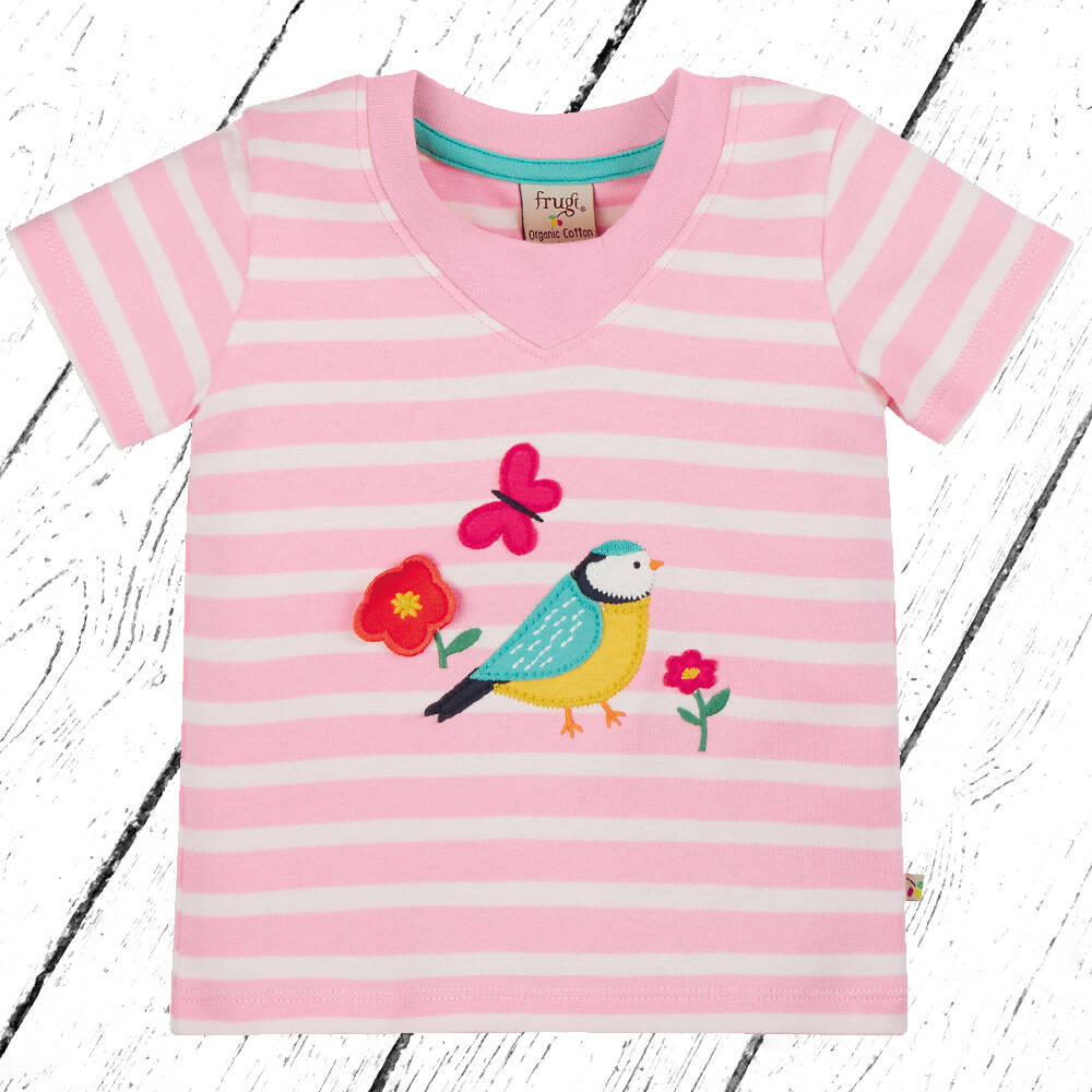Frugi T-Shirt Easy On Tee Twin Flower Pink Stripe Bird