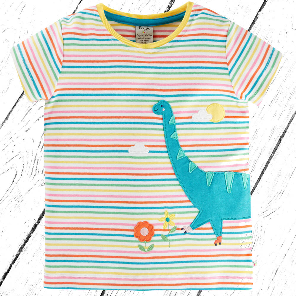 Frugi T-Shirt Isla Applique Tee Rainbow Stripe Dino