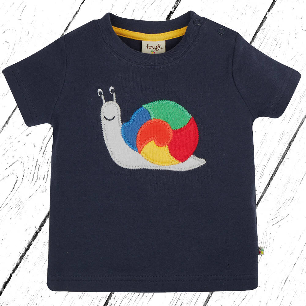 Frugi T-Shirt Little Creature Applique Top Indigo Rainbow Snail